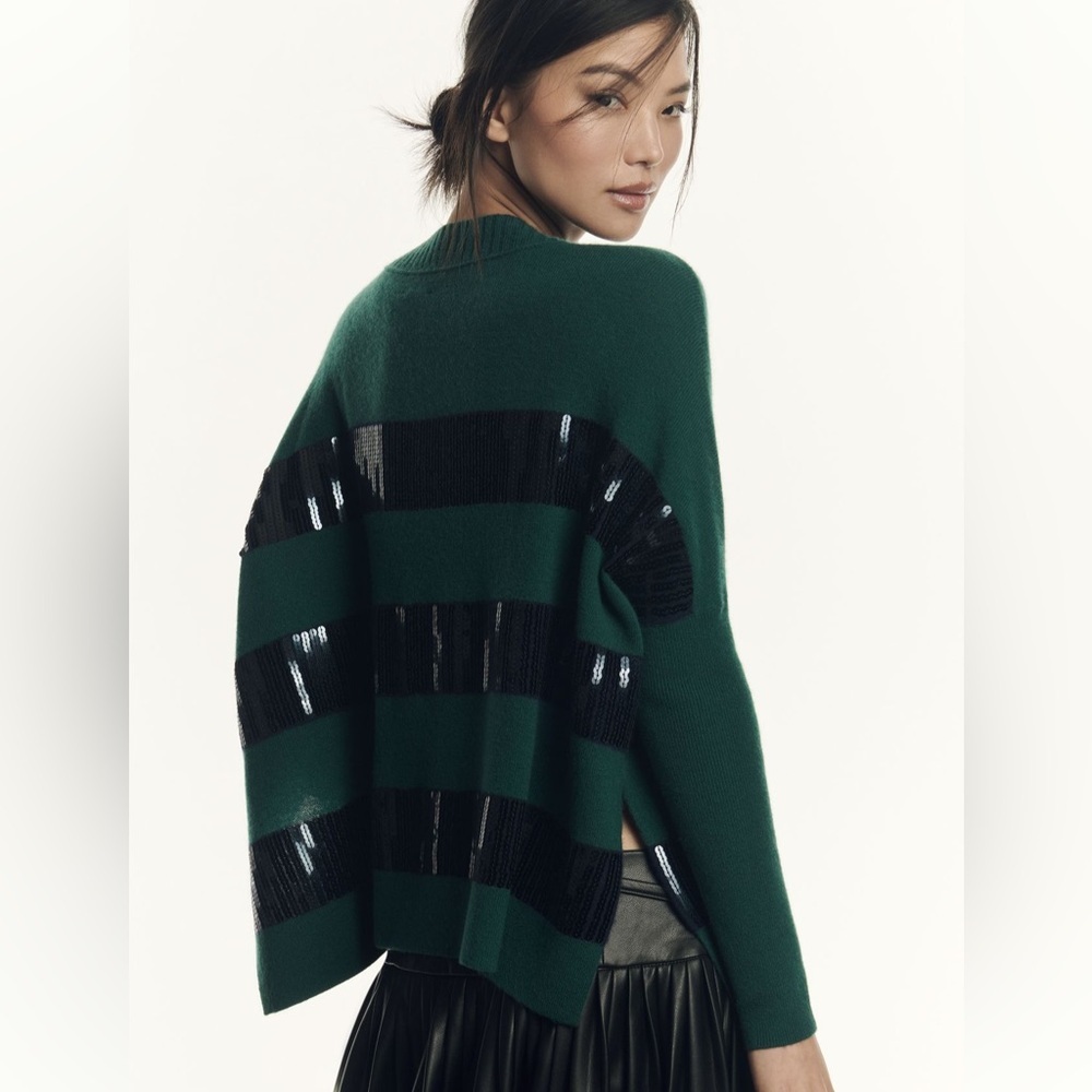 NWT! Maeve Anthropologie Green Black Cashmere Sequin Sweater - Picture 2 of 3